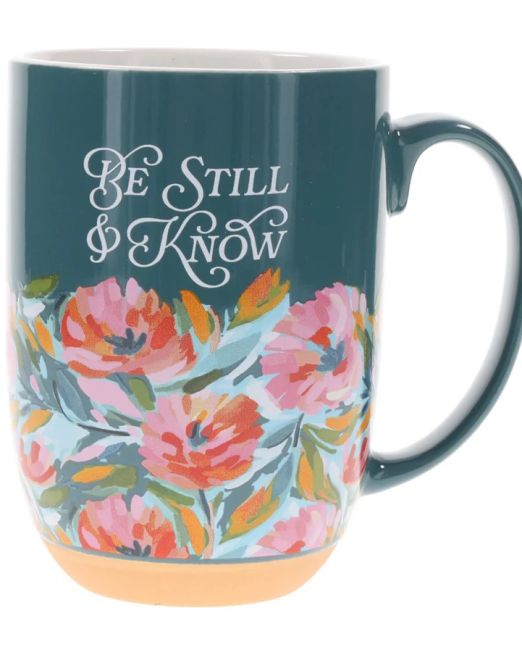 Be Still & Know Floral Teal Green Ceramic Mug