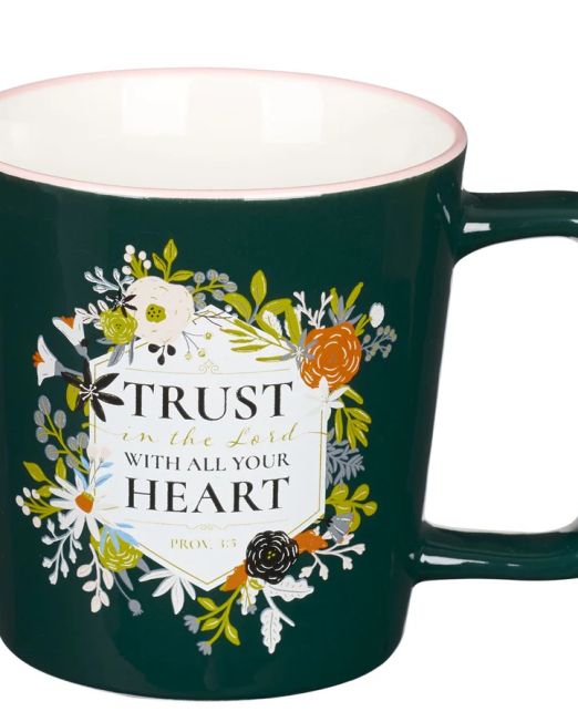 Trust in the Lord with All Your Heart Black Ceramic Mug with Pink Rim