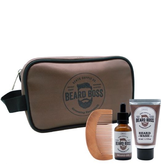 Beard Boss - Grooming Essentials - 30ml Beard Oil, 50ml Beard Wash, Beard Comb & Toiletry Bag (19 X 12)