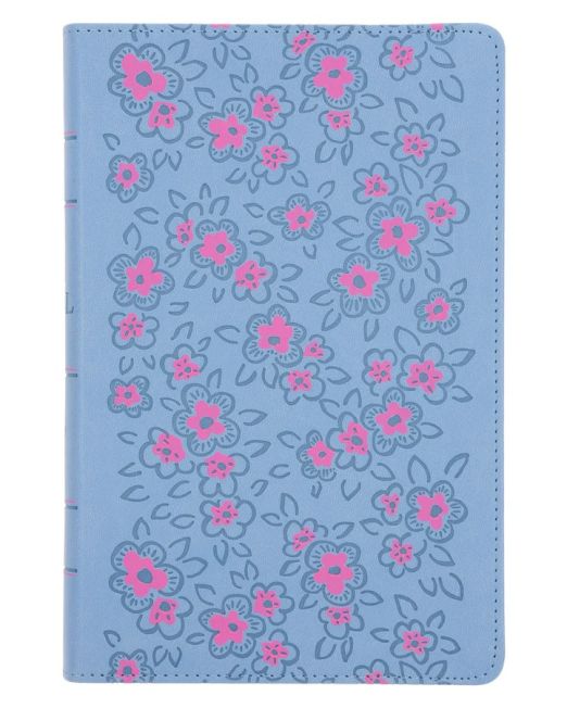NLV Ligblou Met Pienk Blomme Kunsleer Standaard Bybel Met Duimgrepe