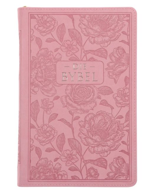 NLV Pienk Blomme Kunsleer Standaard Bybel Met Ritssluiter en Duimgrepe