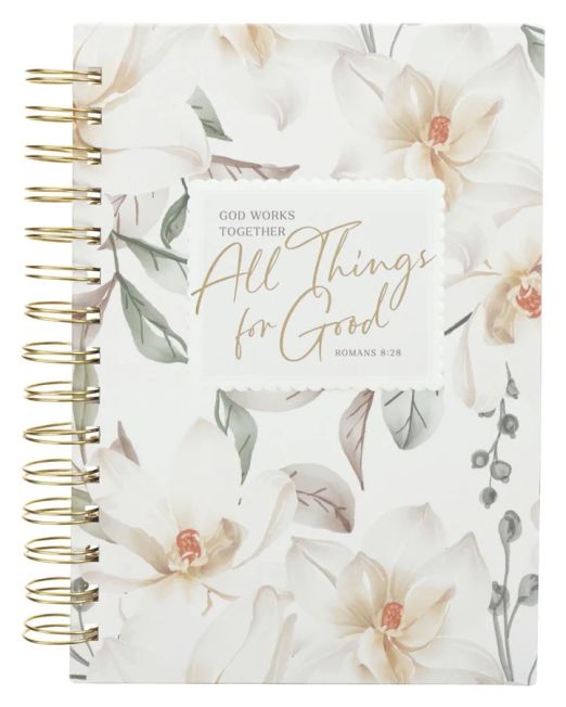 God Works Together All Things for Good White Floral Large Hardcover Wirebound Journal
