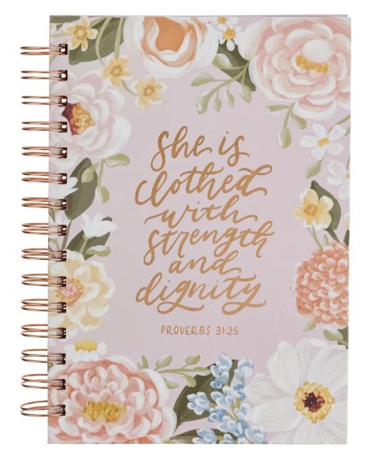 She is Clothed with Strength and Dignity Pink Floral Large Hardcover Wirebound Journal